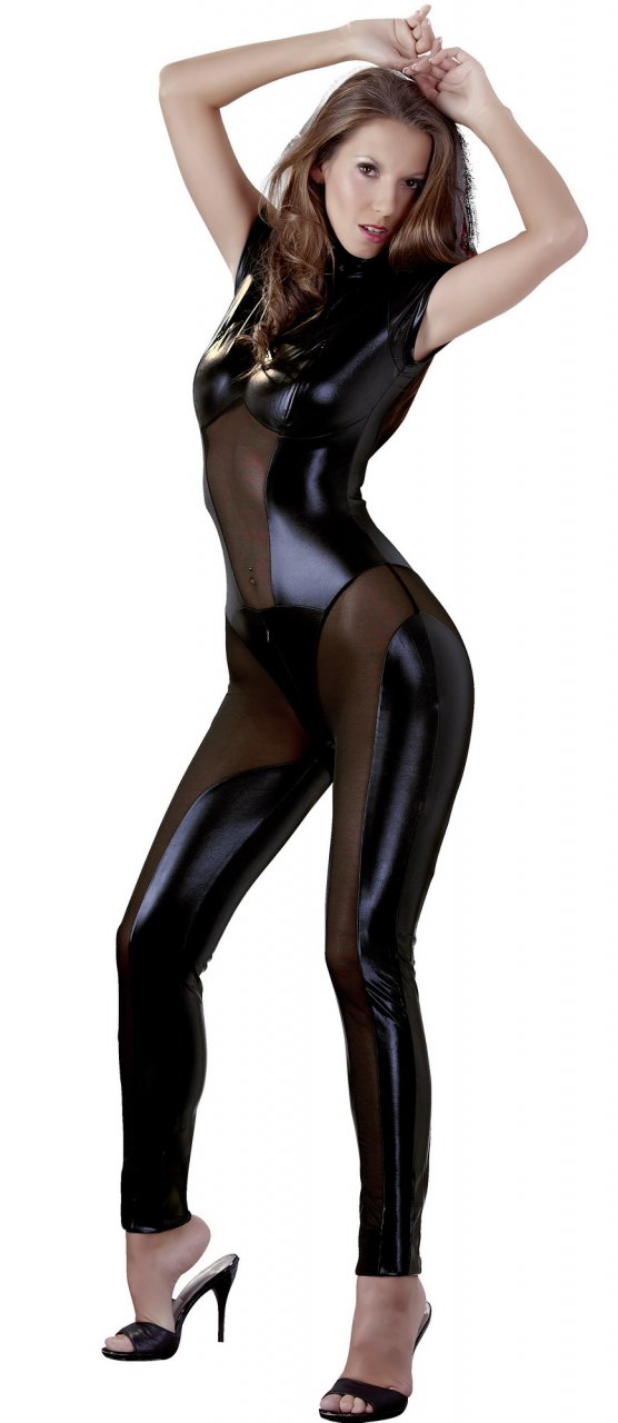 Catsuit in nero lucido trasparente wetlook